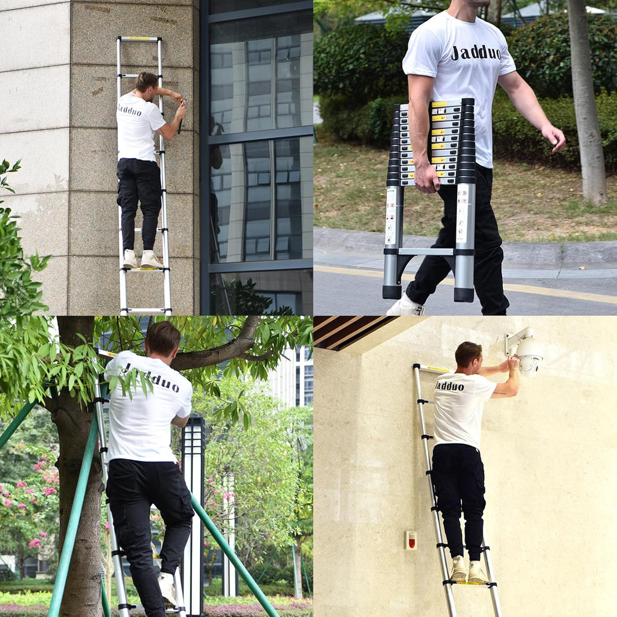 JADDUO Telescopische vouwladder, antislip, 3,8 m, intrekbare treden, aluminium bouwmarkt, inklapbaar, uittrekbaar, unieke rechtse multifunctionele ladder, draagkracht 150 kg