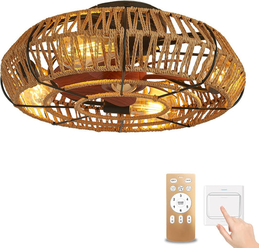Plafondventilator met verlichting en afstandsbediening, vintage, rustiek, 4 E27-fittingen, stille gelijkstroommotor, zomer/winterfunctie, 6 snelheden, timer, handgeweven hennepkoord, boheems