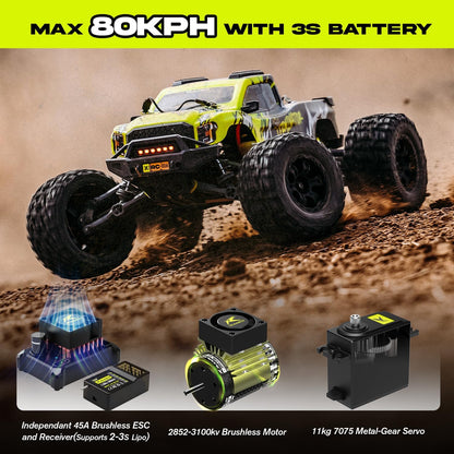 AMORIL 1/10 RTR borstelloze snelle RC-auto's voor volwassenen, max. 50 mph hobby elektrische off-road monstertruck, waterdichte high-speed RC-auto, 4WD-afstandsbediening auto met 3S Lipo, groen