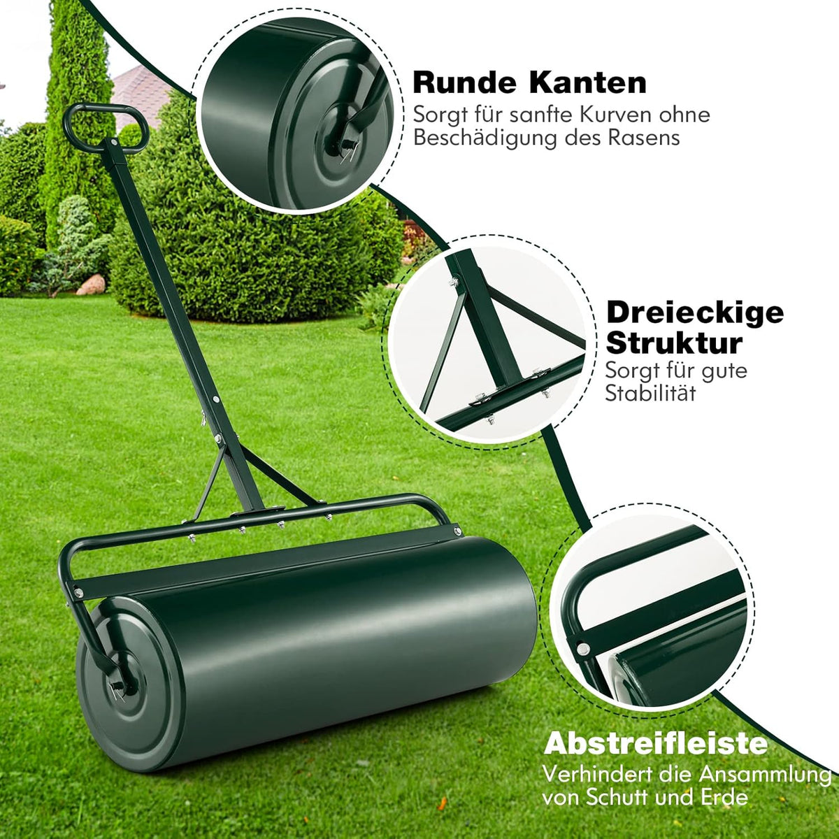 FANTASK Gazonwals, metaal, handroller met handvat, 63 l, zware belasting, graswals, vulbaar met water en zand, tuinwals, trommel, gazonroller