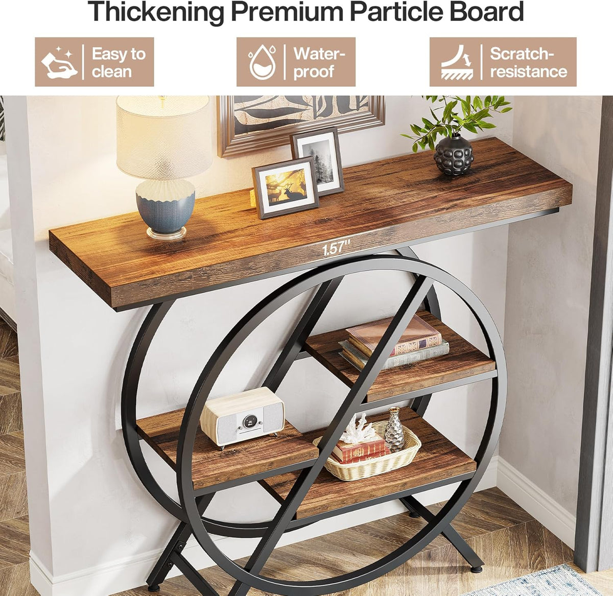 Tribesigns Console Table, 100 cm, Thick Top Industrial Coffee Table, Side Tables with Geometric Metal Frame, for Living Room, Entrance, Rustic Brown