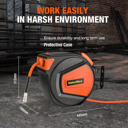 ValueMax Persluchtslanghaspel, slanghaspel automatisch, slang 15 m + 1,5 m, 1/4" aansluiting, 180° schenkbaar, slanghaspel intrekbare luchtslanghaspel max. 300 psi/20 bar