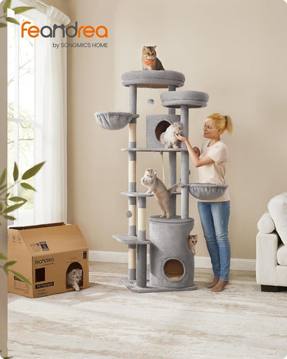 Feandrea krabpaal groot, XXL, 196 cm hoog, meerdere verdiepingen kattenboom met 2 grote platforms, 3 grotten, 2 ligbedden, 5 krabpalen, 4 pluche ballen, kattenborstel, tunnel, lichtgrijs PCT153W01
