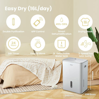 COMFEE luchtontvochtiger Easy Dry 16L/dag, 4 modi, luchtbevochtiger aangesloten, watertank 3 l, wasdroger, swingfunctie, voor ruimtes van 32㎡/80 m³