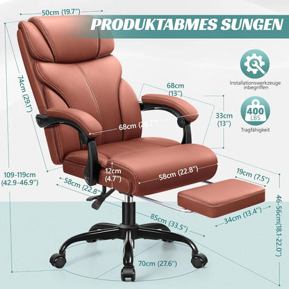 Bureaustoel – Bureaustoel Ergonomisch – Bureaustoel Met Voetensteun – Managersstoel – Werkstoel – Mat Bruin Kunstleer – Grote Hoge Zitting – Kantelfunctie En Hoogteverstelling