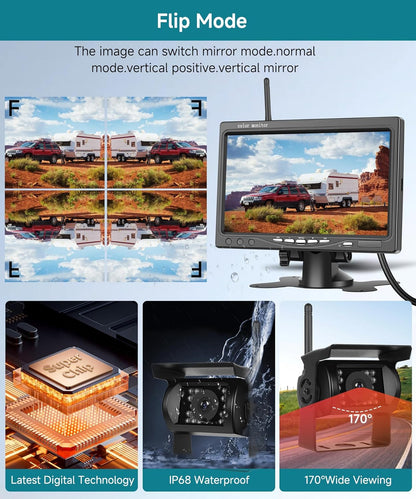 Podofo 4 x draadloze achteruitrijcamera met 7 inch monitor, IP68, groothoek-nachtzicht, AHD IPS-monitor, draadloze achteruitrijcamera's voor camper/vrachtwagen/BSD