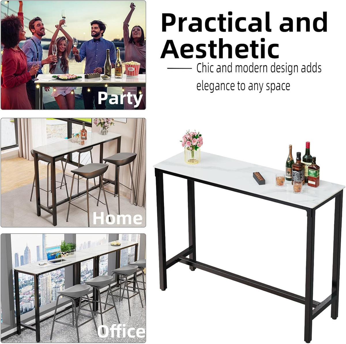 Bartafel Rechthoek Gesinterde Steen: 120cm Lange Witte Marmeren Bartafels Barhoogte 105cm Cocktailtafel Barmeubels voor Thuis Keuken Ontbijt Eethoek, Pub, Coffeeshop, Kantoor, Appartement