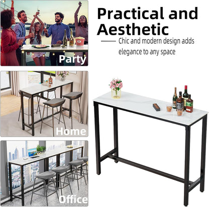 Bartafel Rechthoek Gesinterde Steen: 120cm Lange Witte Marmeren Bartafels Barhoogte 105cm Cocktailtafel Barmeubels voor Thuis Keuken Ontbijt Eethoek, Pub, Coffeeshop, Kantoor, Appartement