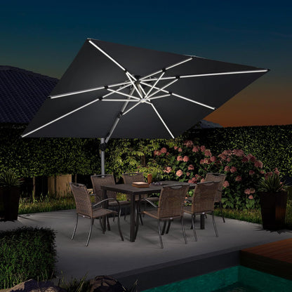 Purple Leaf Parasol met led-verlichting, rechthoekig, 270 x 365 cm, zonnescherm, marktparasol, tuinparasol met zwengel, terrasparasol met zwengel, 360° rotatie, zonwering UV50+, grijs