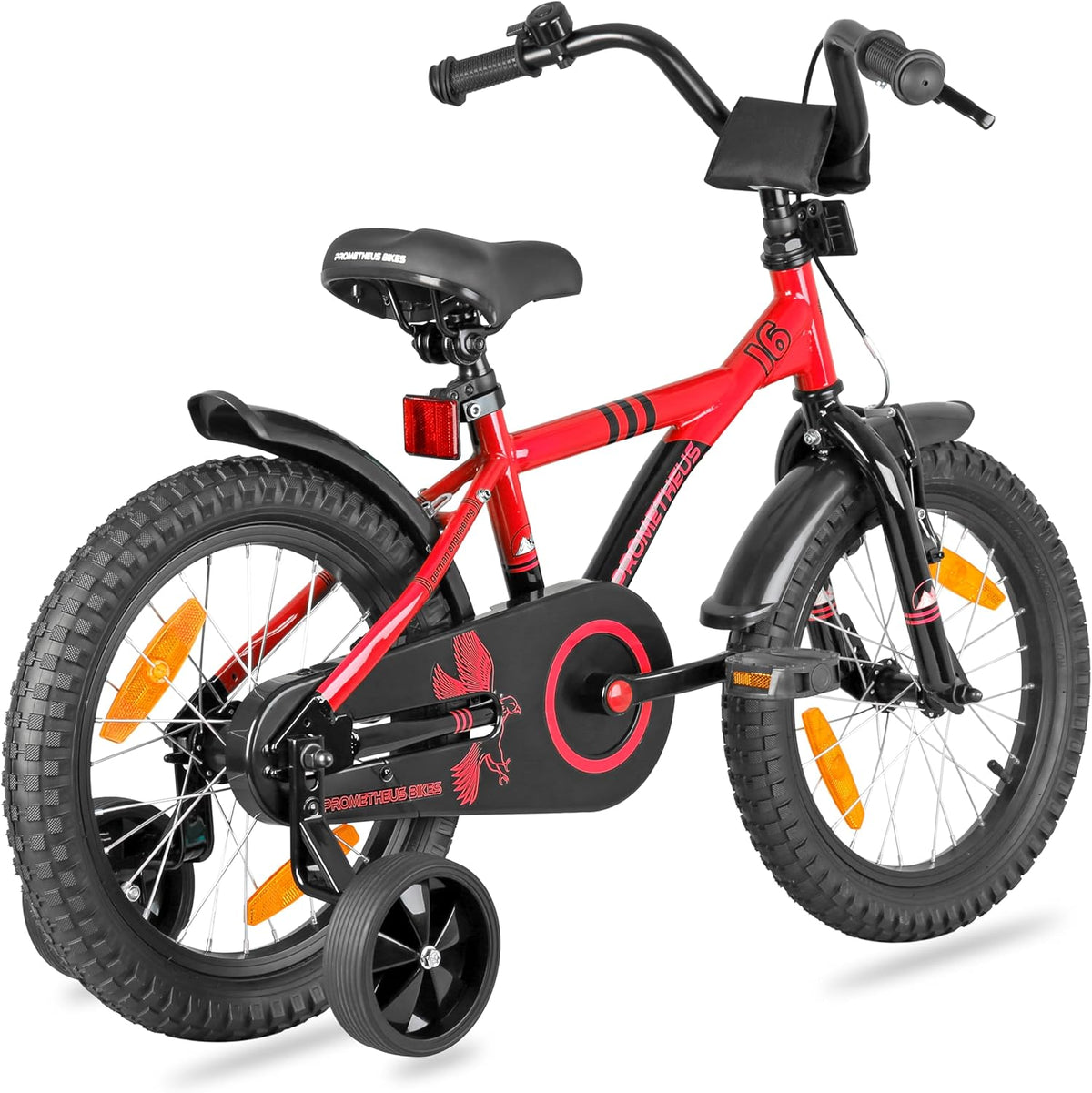 PROMETHEUS BICYCLES Kinderfiets, 16 inch vanaf 5 jaar, kinderfiets, meisjes, jongens, fiets met steunwielen, terugtraprem, in rood/zwart