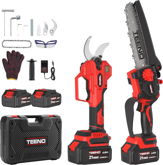 TEENO 2-in-1 tuingereedschapsset: mini-accu-kettingzaag 6 inch + snoerloze elektrische snoeischaar 0-40 mm, 2 x 4,0 Ah batterijen, SK5 stalen messen voor het snijden van stammen en takken