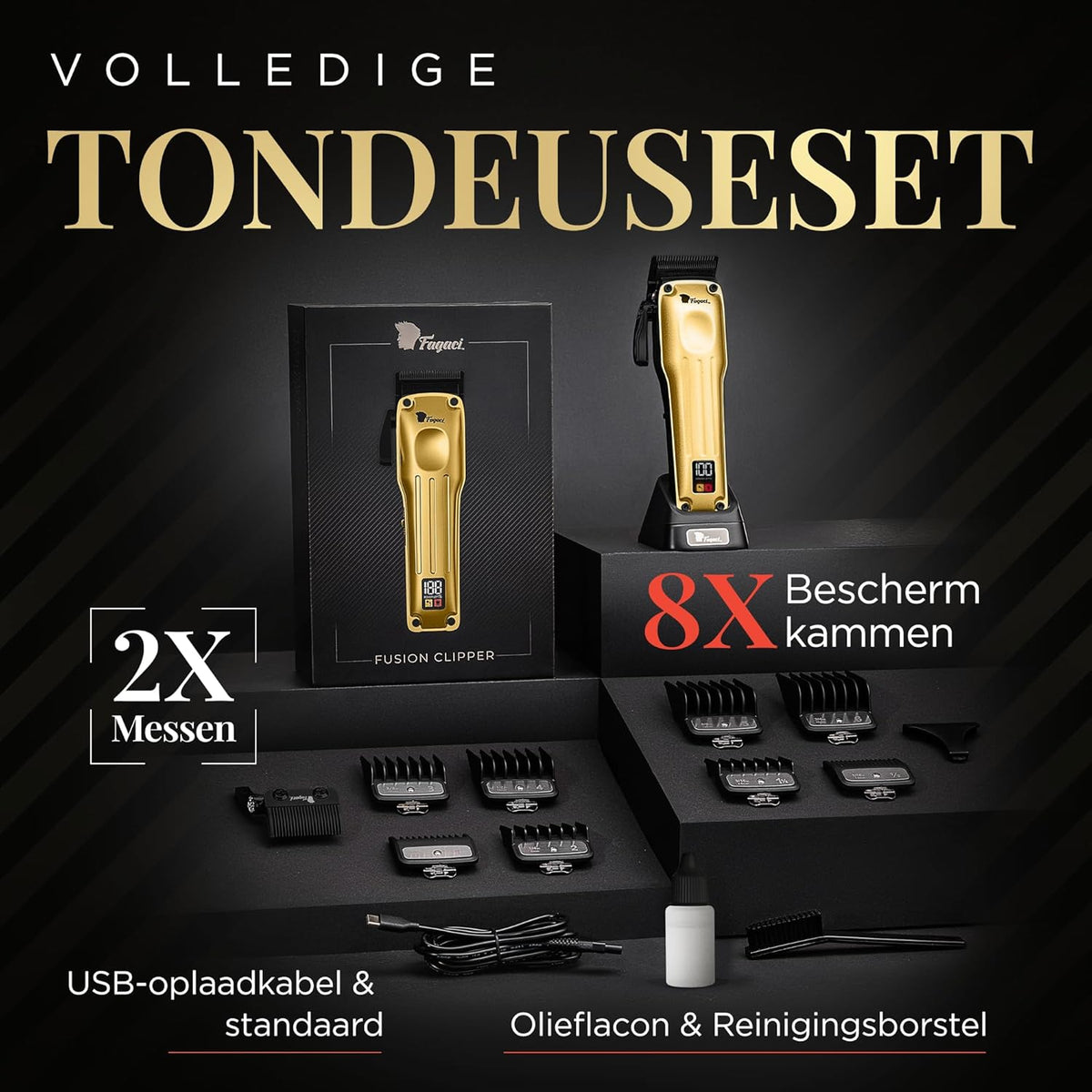 Fagaci Professionele Tondeuse voor Mannen met Superieure Precisie, 5X Langere Scherpte, Kappers Tondeuse Draadloos met 2 Messen (Fade & Taper), Borstelloze Motor