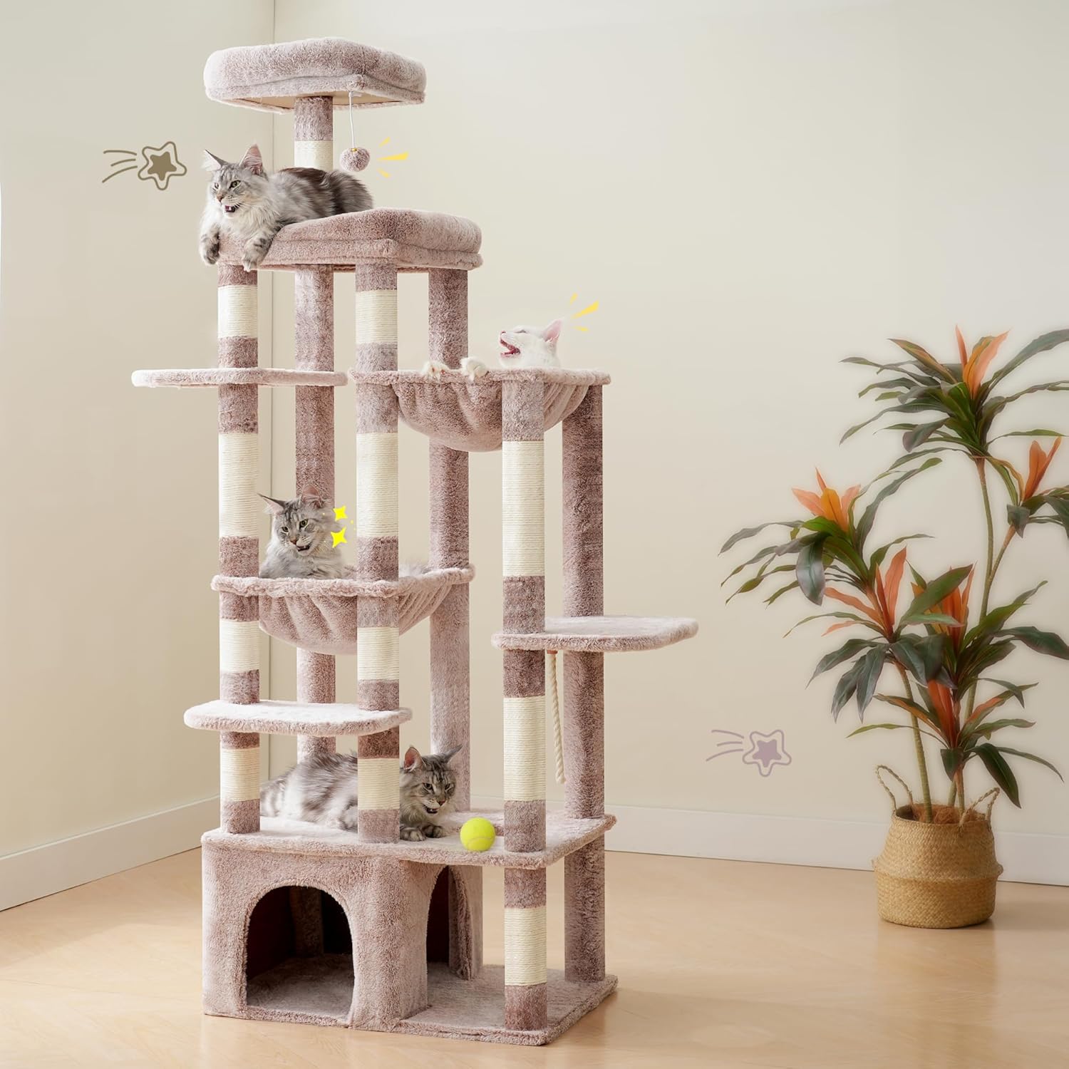 Krabpaal – Kattenboom – Krabmeubel – Klimpaal – Kattenhuis – Bruin Beige – XXL Stabiele Basis 70x50 cm – Extra Groot Platform 50x40 cm - QUORE