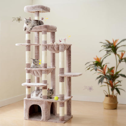 Heybly Scratching Post, 180 cm Scratching Post Large with Extremely Stable Base, XL Platform, Large Cat House, 2 Hammocks, Multi-layer Cat Furniture for Maine Coon and Other Large Cats, Brown-Beige HCT037MU - QUORE