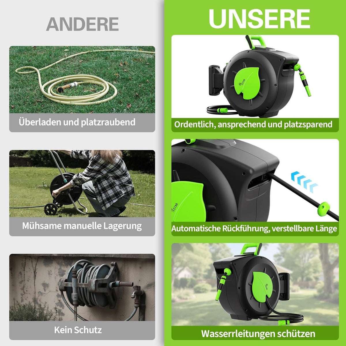 Slanghaspel, 30 m + 2 m, wandmontage, slanghaspel met oprolmechanisme, 180 graden draaibaar, inclusief spuit en montagehulp, voor tuinirrigatie en autowassen