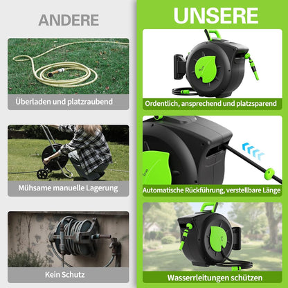 Slanghaspel, 30 m + 2 m, wandmontage, slanghaspel met oprolmechanisme, 180 graden draaibaar, inclusief spuit en montagehulp, voor tuinirrigatie en autowassen