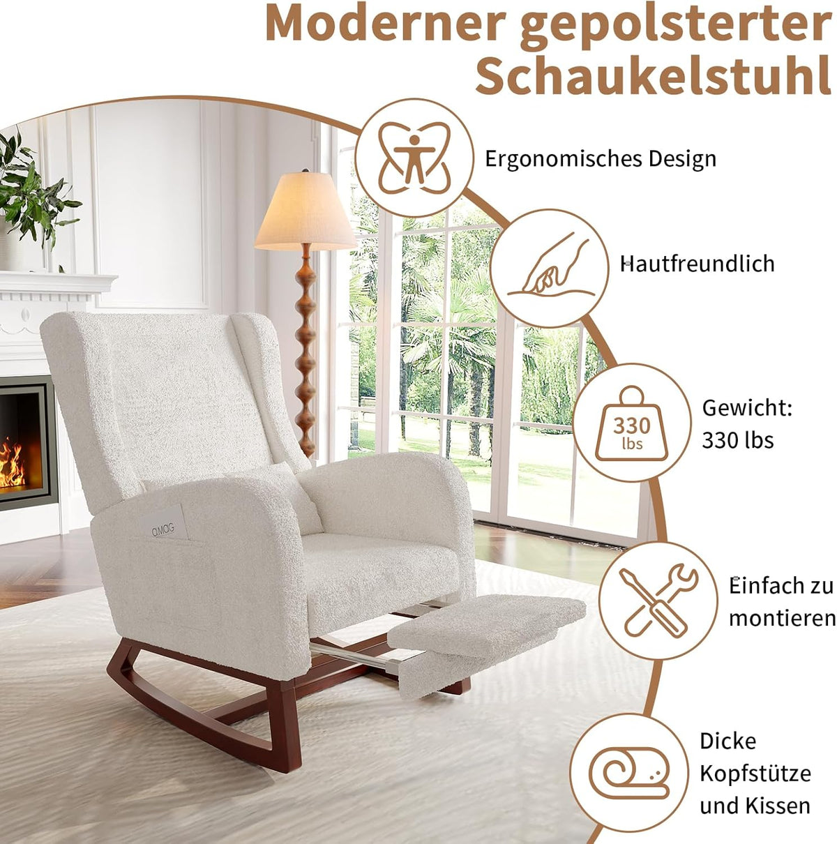 Schommelstoel – Relaxstoel – Fauteuil – Voedingsstoel – Schommelstoel Met Voetensteun – Schapenvacht Bekleding – Ergonomisch Lendenkussen – Zijvakken