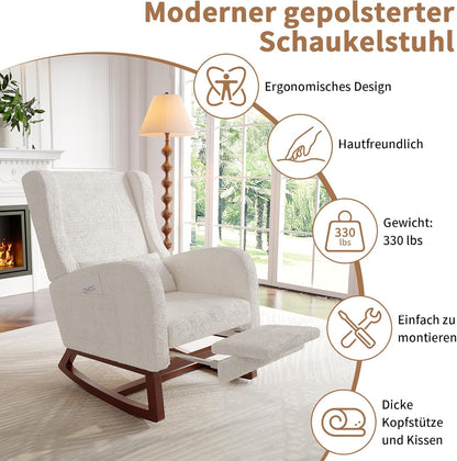 Schommelstoel – Relaxstoel – Fauteuil – Voedingsstoel – Schommelstoel Met Voetensteun – Schapenvacht Bekleding – Ergonomisch Lendenkussen – Zijvakken
