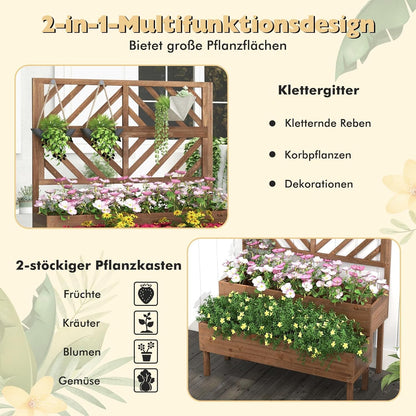 FANTASK Bloembak met latwerk van dennenhout, tuinspalier met 2 rankkasten, verhoogd bloembed met rankrooster en drainagegat, bloempot voor tuin, binnenplaats, balkon, bruin