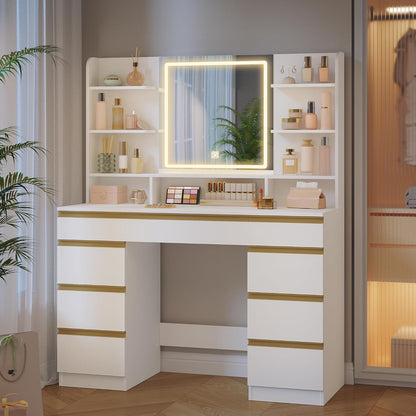 Hzuaneri Large Dressing Table with LED Lights, 3 Colors, Adjustable Brightness, Dressing Table with Mirror, 9 Drawers, 9 Open Shelves, Modern Style, White-Gold DT41903X