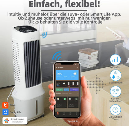 BE COOL Premium torenluchtkoeler met waterreservoir van 10 liter en wifi, 38 W, 24 snelheden, 3 windmodi, 12,5 m luchtstroombereik, led-display, afstandsbediening, timer, droogluchtfunctie