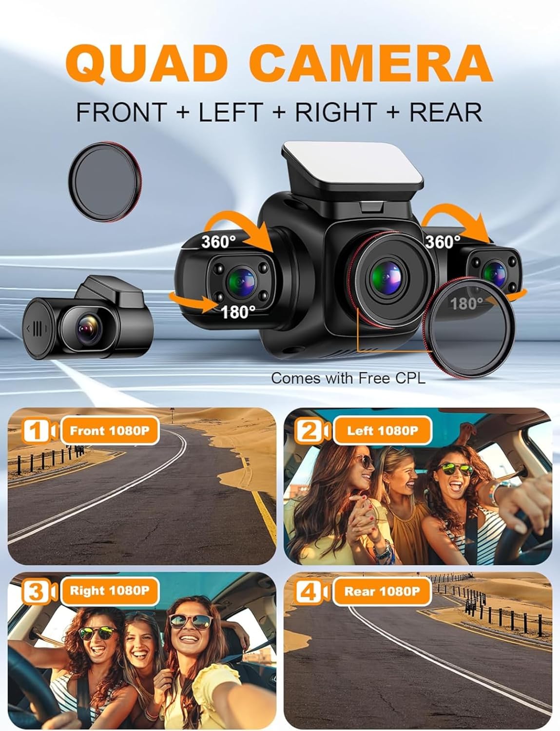 4-Kanaals Dashcam – Auto Camera – Autocamera – Dashboard Camera – Car Dashcam – 4 X 1080P Voor, Achter, Links En Rechts – GPS & Wifi – 24-Uurs Parkeermodus, Nachtzicht, CPL, WDR – 128 GB