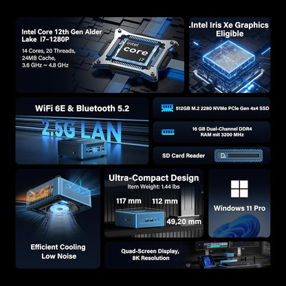 GEEKOM IT12 2026 Edition Mini PC, met Intel Core i7-1280P, 16GB RAM, 1TB SSD, Windows 11 Pro, 3 Jaar Ondersteuning, Iris Xe GPU, Compact Desktop PC met 2x USB4, 4K Quad Display, SD-Kaartlezer
