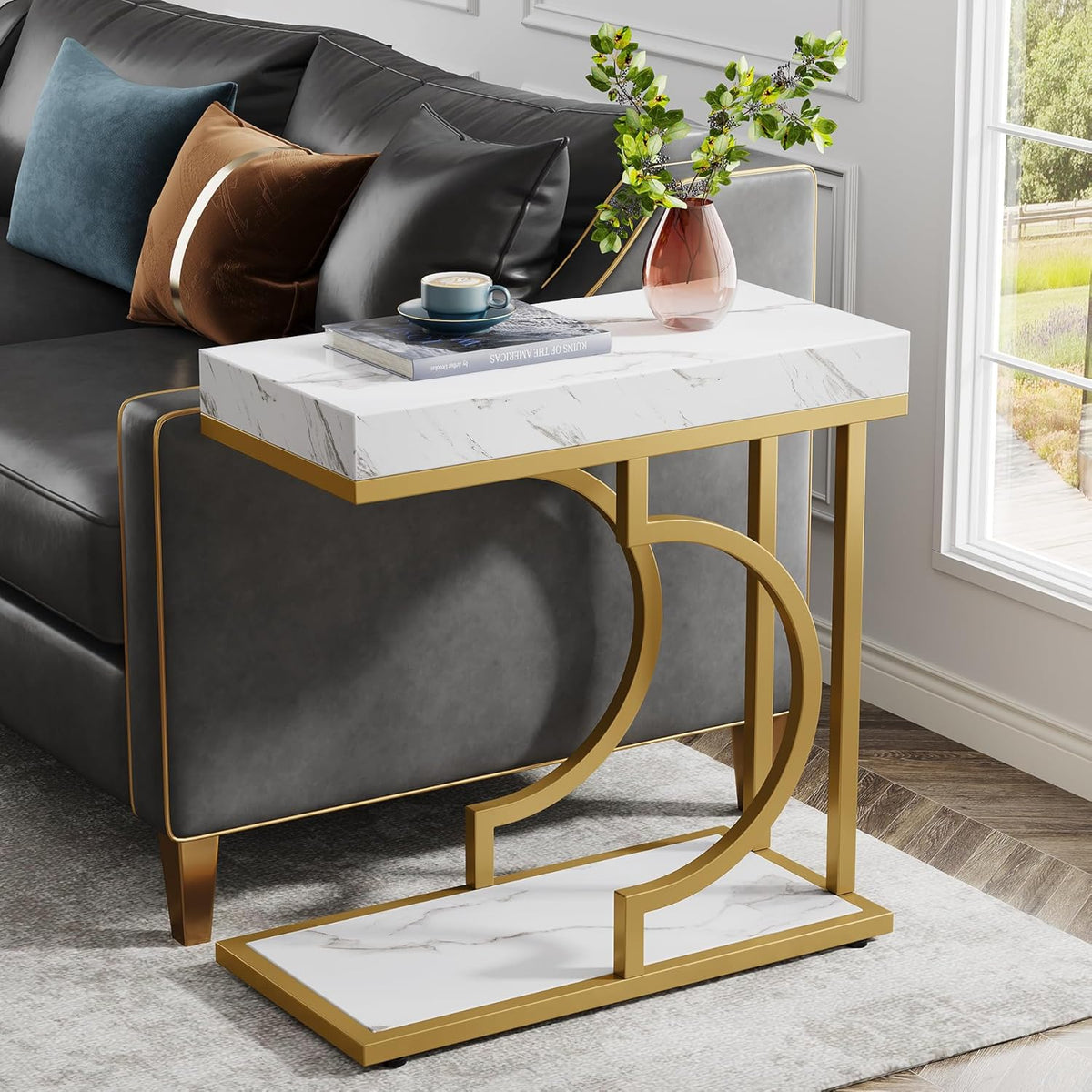 Tribesigns Narrow Side Table, Set of 2, C-Shaped Side Table, Modern Bedside Table for Sofa, Coffee Table with Metal Frame for Living Room (White Gold)