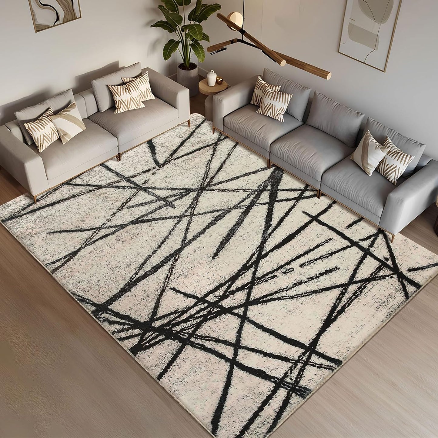 Vloerkleed Voor Woonkamer, Artistiek Bohemian Tapijt, Slaapkamer, Zacht, Modern, Beige, Laagpolig, Abstract, Lineair Geometrisch Patroon, Antislip (Beige, 200 x 250 cm)