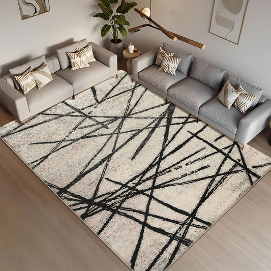 Vloerkleed Voor Woonkamer, Artistiek Bohemian Tapijt, Slaapkamer, Zacht, Modern, Beige, Laagpolig, Abstract, Lineair Geometrisch Patroon, Antislip (Beige, 200 x 250 cm)