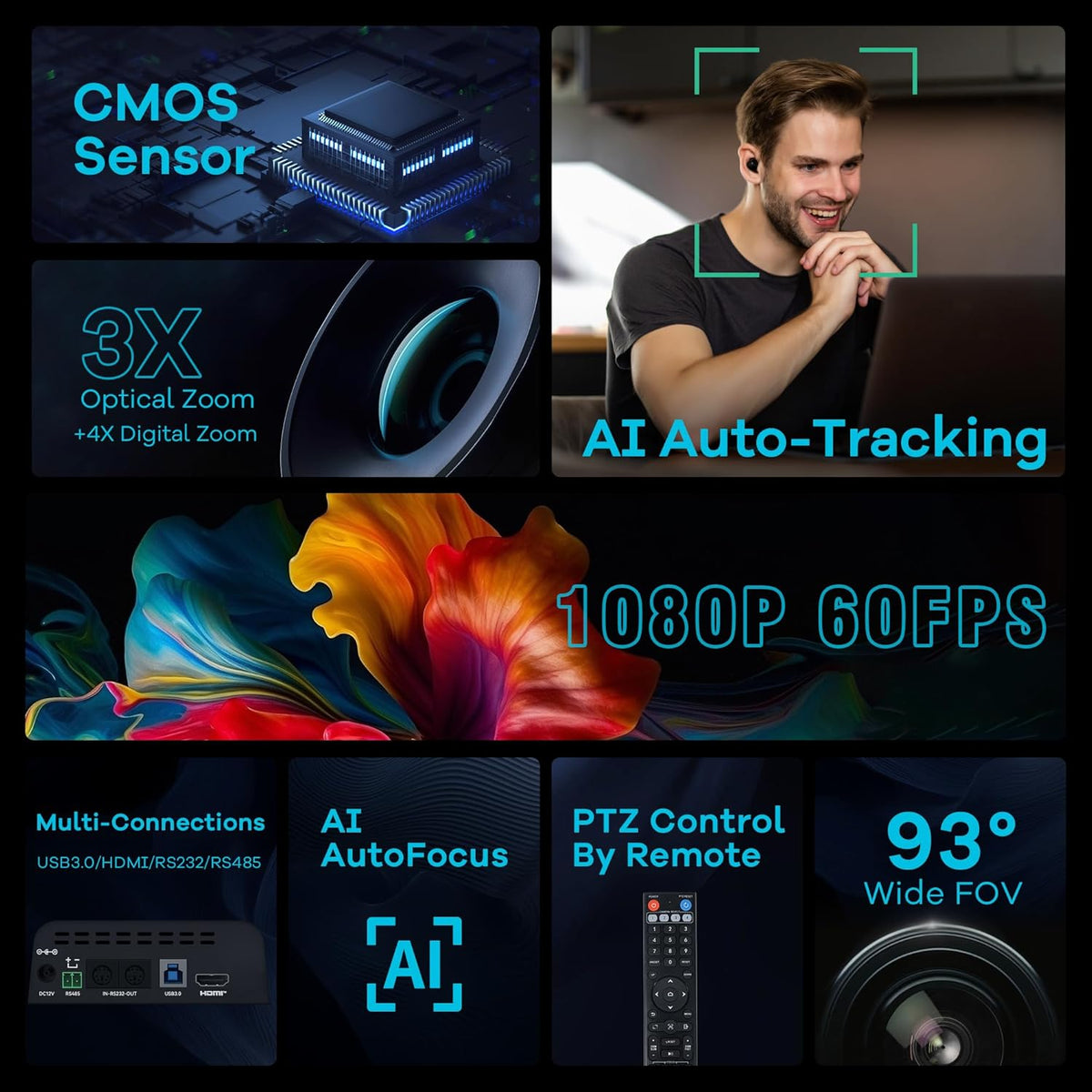TONGVEO 3X Optische Zoom PTZ Camera AI Auto-Tracking HDMI USB 3.0 1080P 60fps Groothoek voor Videoconferentie Zakelijke Vergadering Live Streaming Online Leren met Zoom YouTube Teams OBS en Meer