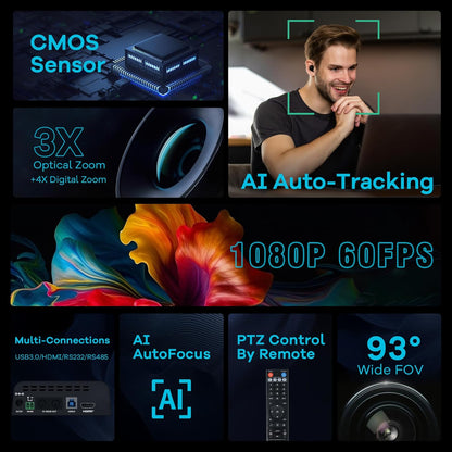 TONGVEO 3X Optische Zoom PTZ Camera AI Auto-Tracking HDMI USB 3.0 1080P 60fps Groothoek voor Videoconferentie Zakelijke Vergadering Live Streaming Online Leren met Zoom YouTube Teams OBS en Meer