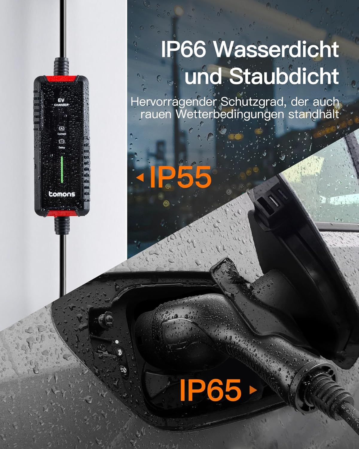 tomons Type 2 oplaadkabel Schuko 3,68 kW, eenfasig, 6-16A, 10M, EV oplader met regelbaar digitaal display en vertragingsfunctie