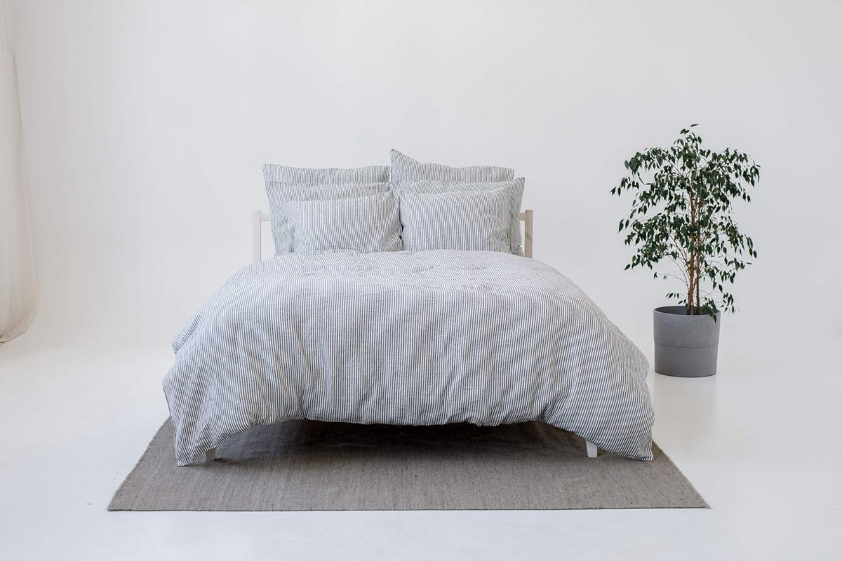 My Linen Home Dekbed van gewassen linnen (100% steenwashed), 150 x 200 cm, hypoallergene strepen, thermoregulatie en ademend vermogen, machinewasbaar