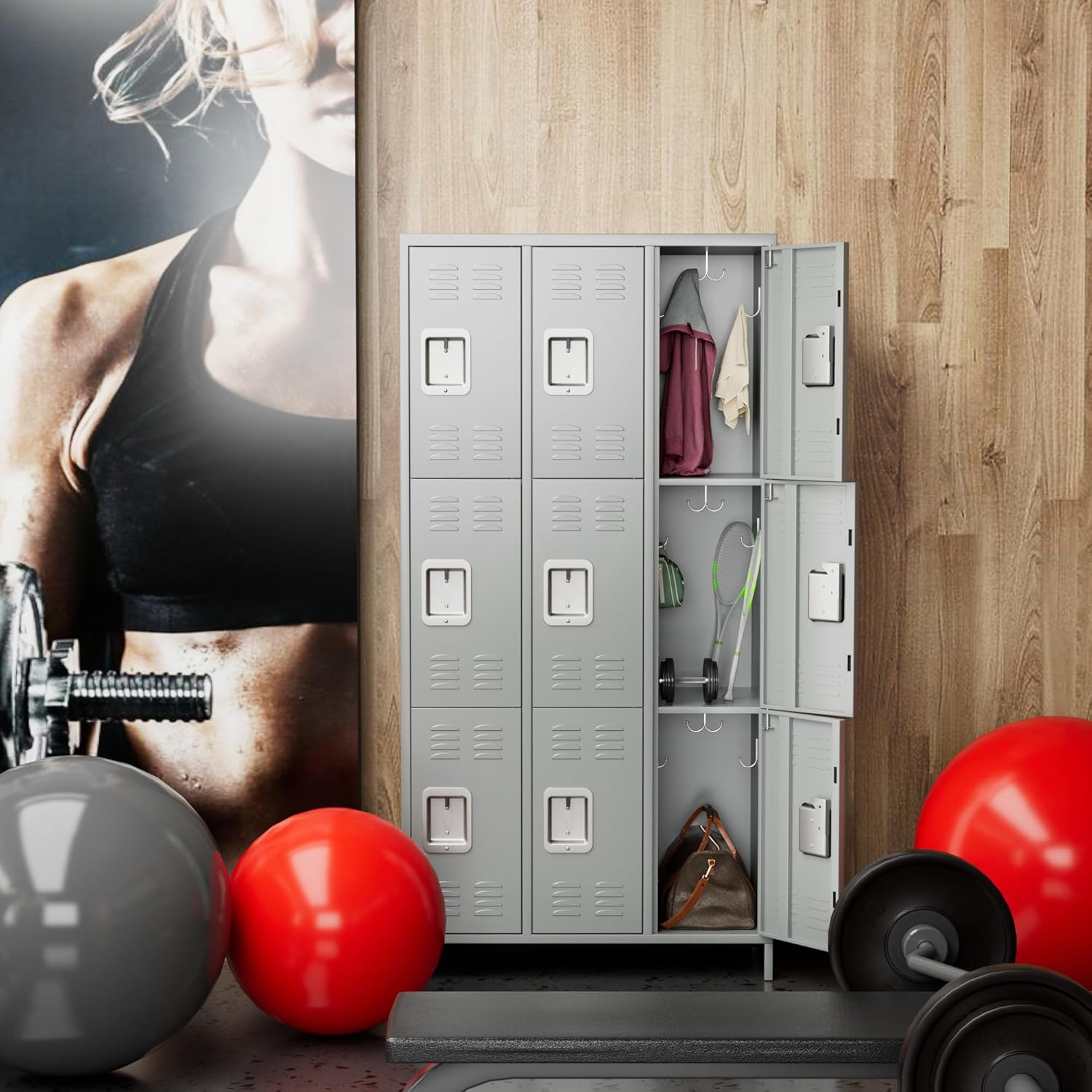 Closet, Metal with 9 Compartments, Metal Wardrobe with Ventilation Slots for Employees, Gym, School, Office (Light Grey) - QUORE