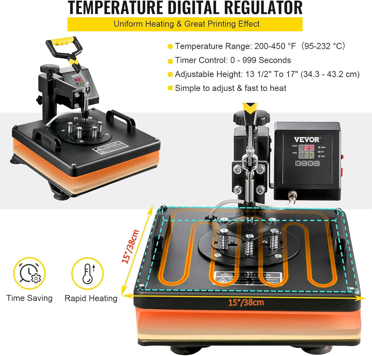 VEVOR transferpers, 8-in-1, 38 x 38 cm, hittepers, 1250 W, T-shirt-hittepers, Hittepersmachine,360 graden draaibaar, doe-het-zelf, multifunctionele sublimatie-hittepers met digitale LED-temperatuur- en tijdregelaar