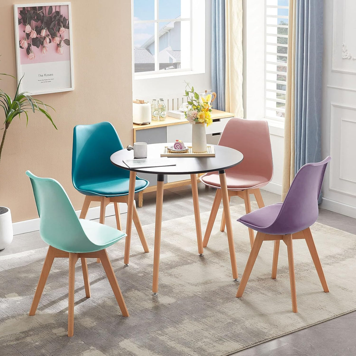 EGGREE Scandinavische eetkamerstoel, SGS-getest, gestoffeerde keukenstoel, retro-bureaustoel met poten van massief beukenhout, roze fumé + turquoise + mintgroen + paarsgrijs, set van 4 stoelen