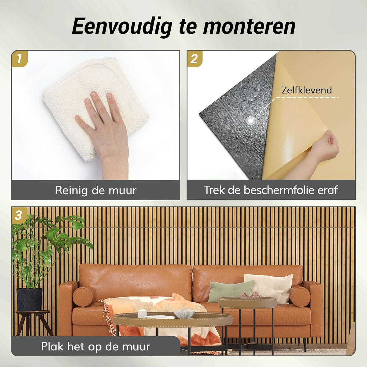 Bamboe Akoestische Panelen – Akoestisch Paneel – Wandpanelen – Houten Latten Paneel – Lamellenwand – Zelfklevend – 100% Bamboe, 4 Stuks 110 x 52 x 1,7 cm