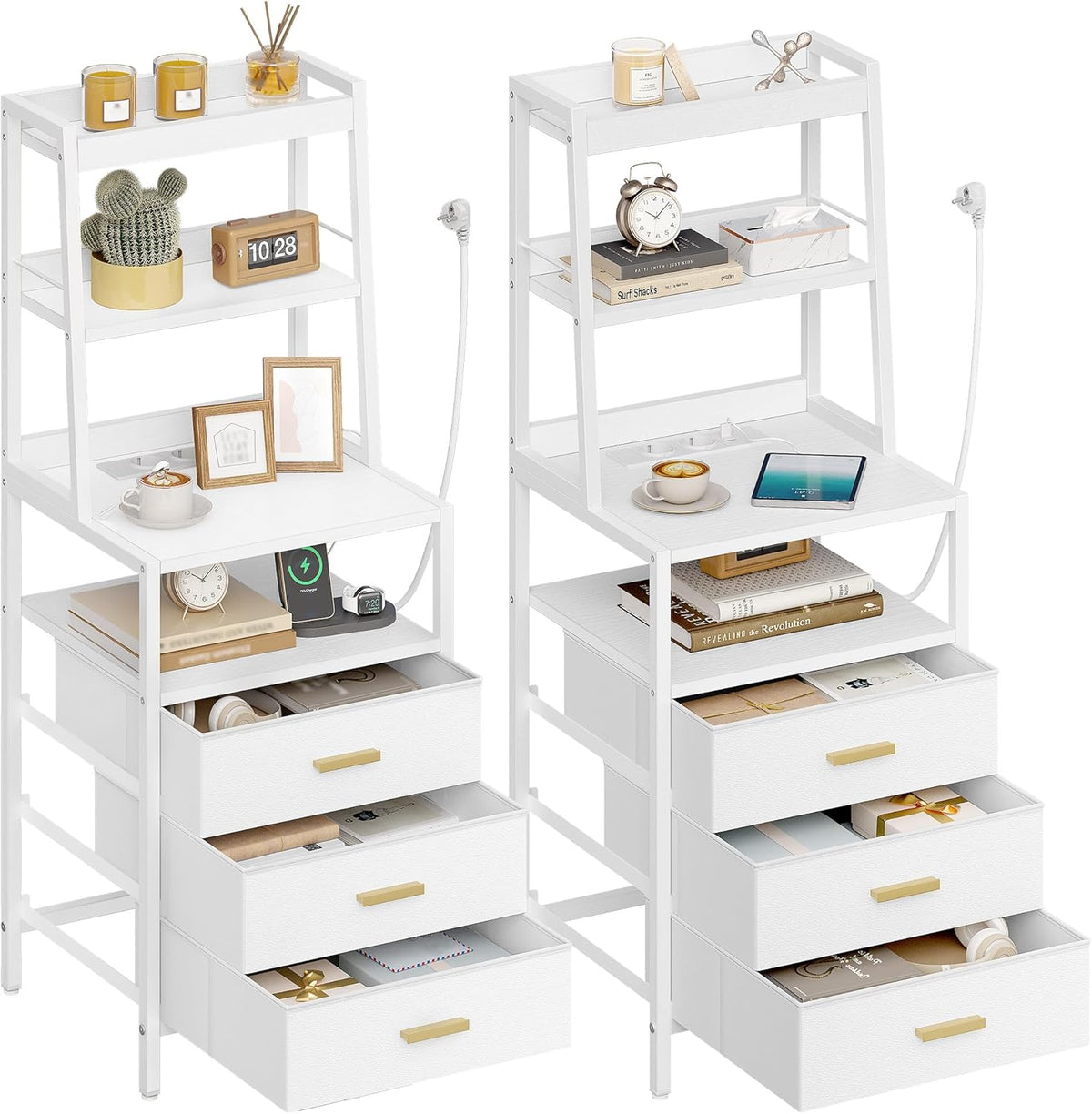 Hzuaneri Bedside Table Set of 2, Bedside Table with Charging Station and Metal Storage Shelf, 2 Sockets and 2 USB Ports, Side Table with 3 Fabric Drawers, For Bedroom, Living Room, White NS10613W