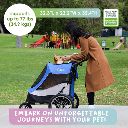 Petique Trailblazer Jogger, hondenwagen voor middelgrote huisdieren, geventileerde huisdierstep voor katten en honden, blauw