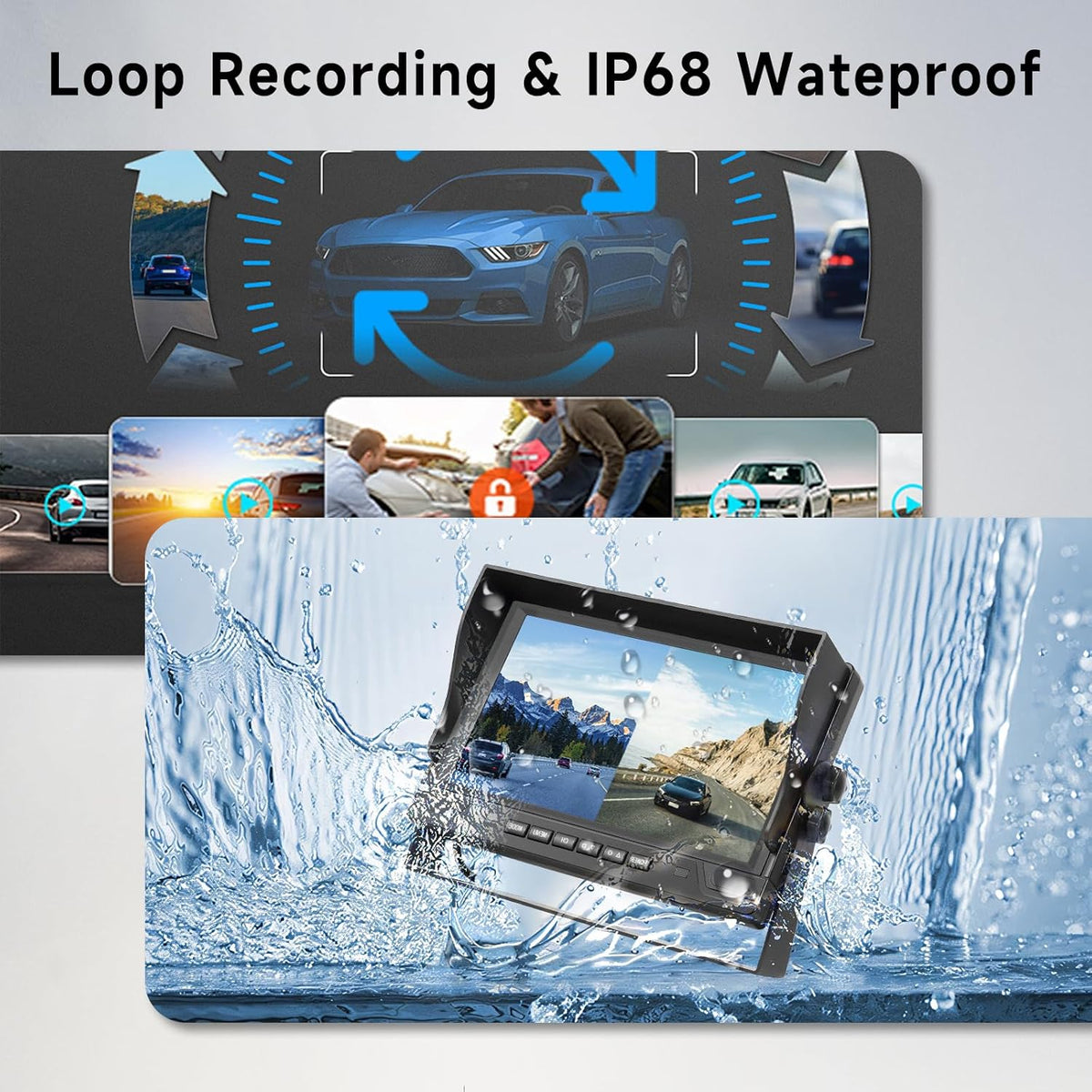 Podofo 2 draadloze achteruitrijcameraset met 9-inch IPS-scherm, HD-achteruitrijcamera's voor vrachtwagens, trailers, campers, bussen, loopopname, IP68 waterdichte BSD-dashcam