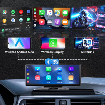 SCUMAXCON Draagbare Auto Stereo Draadloze CarPlay Android Auto 4 K Dash Cam met Backup Cam Airplay 10.3 inch IPS Touchscreen Loop Opname GPS Navigatie Bluetooth FM AUX Ingebouwde Speaker Android Cast