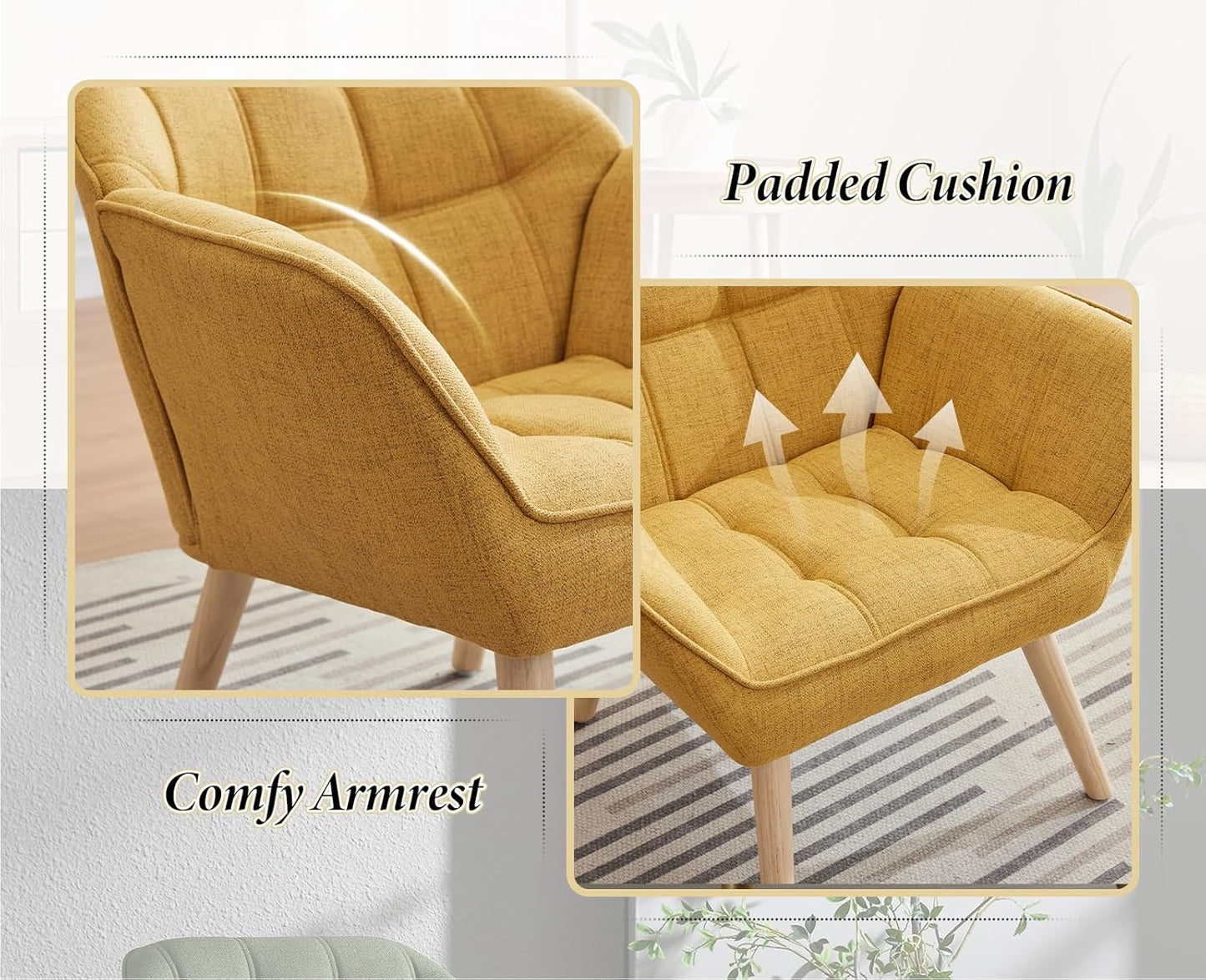 chairus Single Sofa Accent Chair Set of 2 Linen Tub Chairs Upholstered for Living Room Modern Cocktail Armchair with Wooden Legs (Yellow-2)