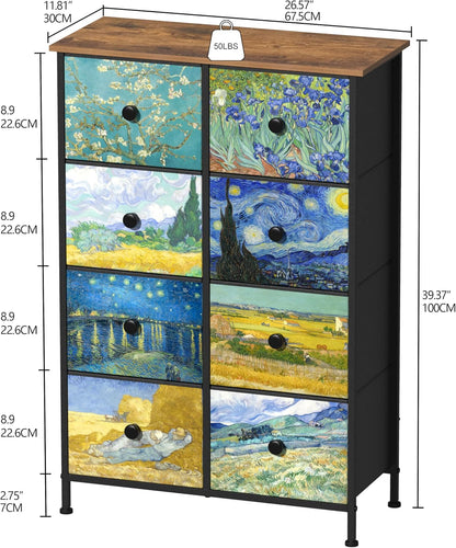 VEDECASA Smalle commode voor slaapkamer, hoge commode met 8 laden, Van Gogh lade-eenheid voor kinderkamer, woonkamer, hal, slaapkamer, kantoor, metalen frame, houten plaat, commode