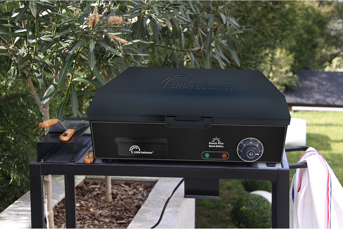 LITTLE BALANCE 8668 Snack Plus Black Edition, elektrische grillplaat voor 6-8 personen, kookplaat van staal, antiaanbaklaag, 8 mm, deksel, 2900 W, zwart