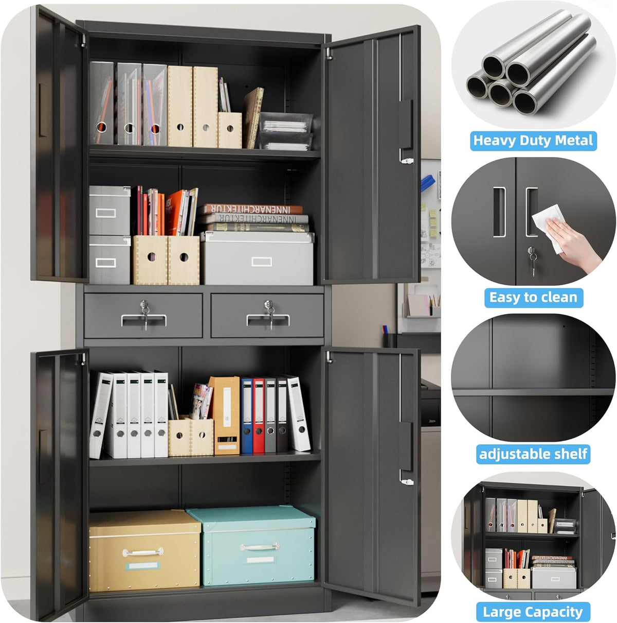 Filing Cabinet, Metal Cabinet with 2 Drawers, Bearing Cabinets, Powder Coated Steel Cabinet for Tools, Office, 180 x 80 x 40 cm (Black) - QUORE