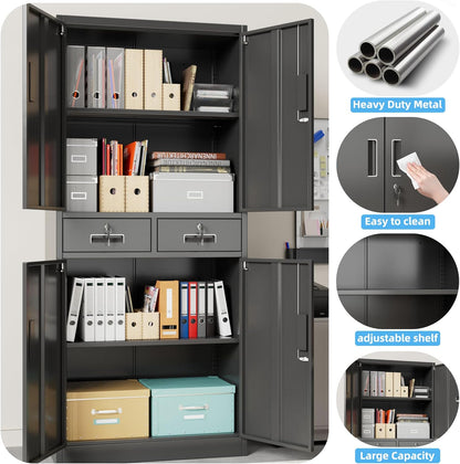 Filing Cabinet, Metal Cabinet with 2 Drawers, Bearing Cabinets, Powder Coated Steel Cabinet for Tools, Office, 180 x 80 x 40 cm (Black) - QUORE