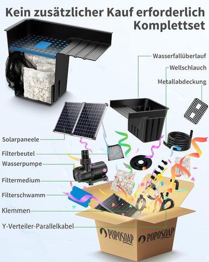 POPOSOAP Vijverwaterval met zonnepomp, watervaloverloop met 100 W zonnepaneel, 660 gph-vijverpomp, 3 m lange golfslang voor tuinvijvers