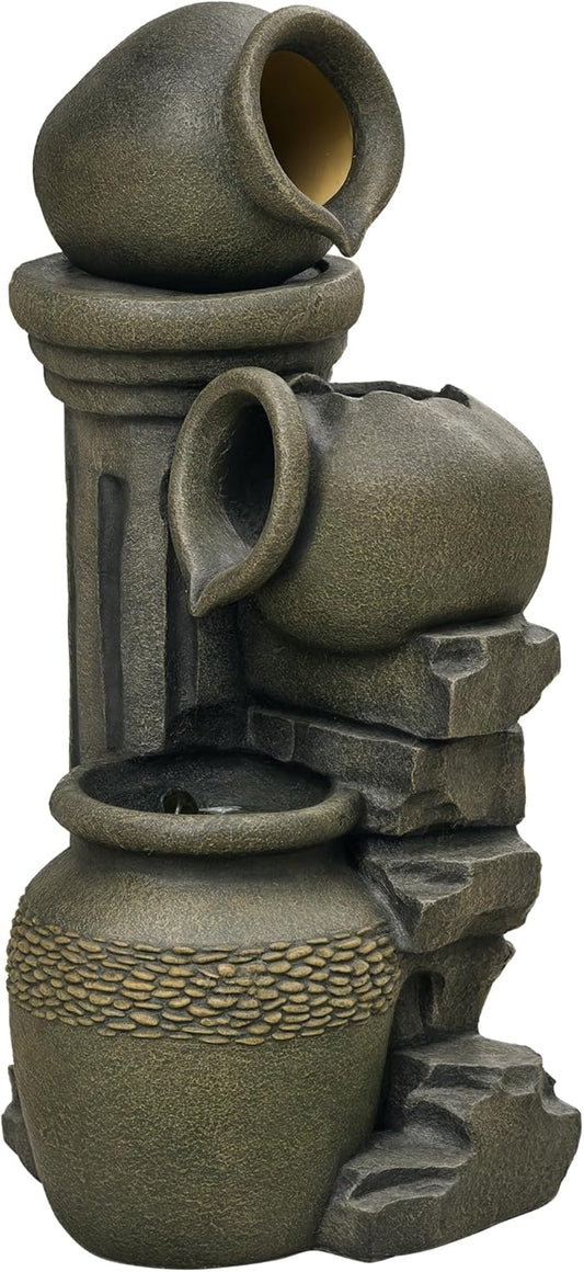 Outsunny garden fountain adjustable flow ornamental fountain with 3-layer wine jugs water feature waterfall for garden garden pond patio resin fountain - QUORE