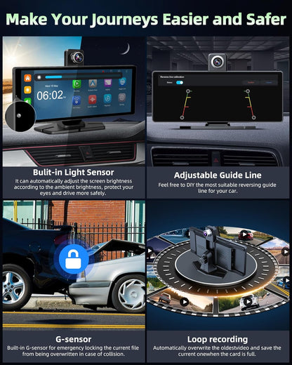 350° draaibaar: Carplay display, Android autodisplay met 4K dashcam, auto voor en achter, 10,26 inch touchscreen, draagbaar Driveplay-scherm, dual bluetooth, mirror Link, 64G TF-kaart